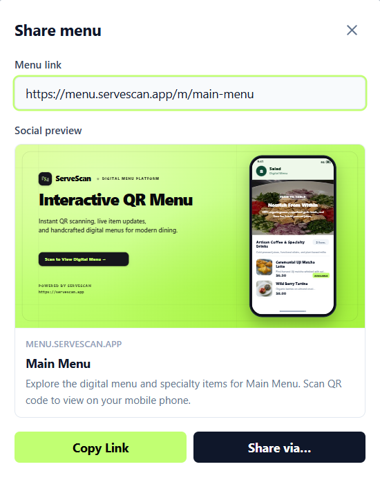 ServeScan Share Menu with Native Share API